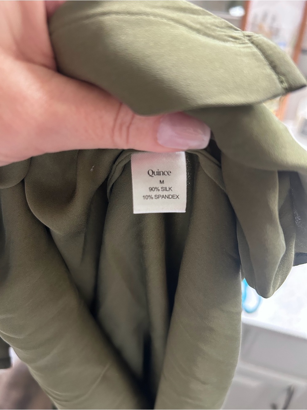 Quince Olive Green Button Down Dress 90% Washable Silk 10% Spandex Size M - Picture 3 of 8